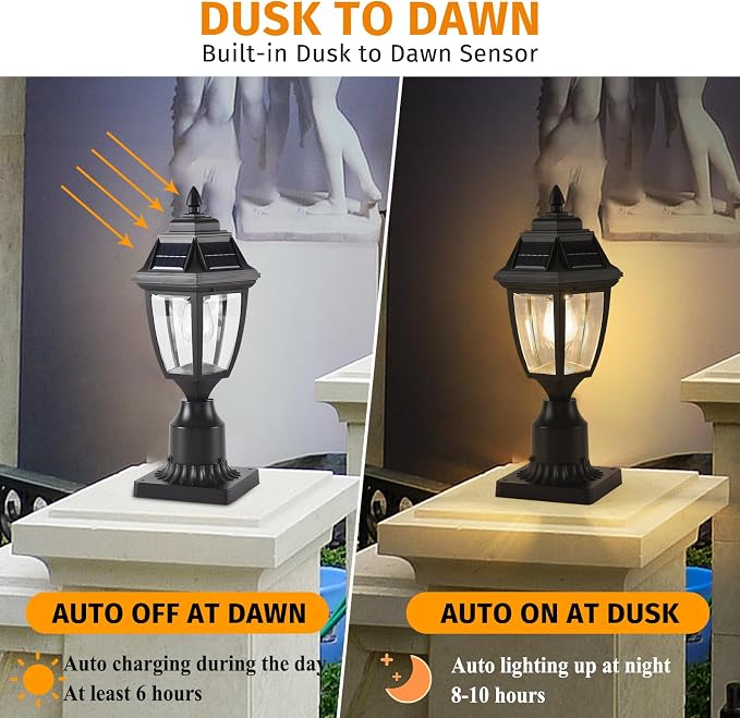 Solar Outdoor Post Lights 2 Pack, Dusk to Dawn Column light with Base | Dusk to Dawn Outdoor Post Light Fixtures, Black Exterior Solar powered Pole Light for Outside Porch Yard Pathway Driveway