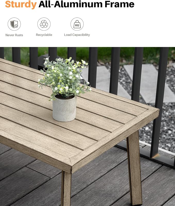 Patio Coffee Table, Never-Rust Aluminum Outdoor Coffee Table with Wood Grain Texture, Modern Rectangle Garden Coffee Table with Slatted Tabletop for Poolside, Decks, Indoor, Balcony, Gray Oak