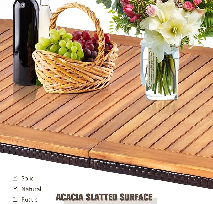 RELAX4LIFE Outdoor Dining Table for 6-8, Acacia Wood Slatted Patio Table w/Umbrella Hole, Wicker Edging, Rust-Proof Steel Legs, Rectangle Outdoor Patio Table for Deck Backyard Pool Side Relaxation
