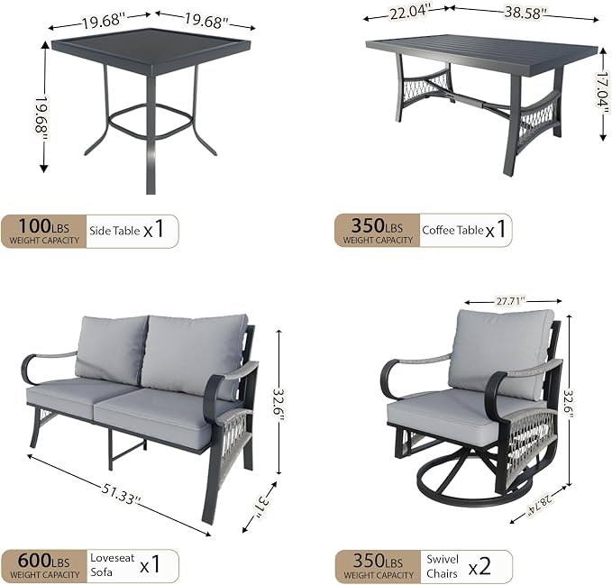 5 Pieces Patio Furniture Set, Metal Outdoor Conversation Sets with Swivel Chairs, Modern Couch Sofa Seating Group with Coffee Table and Side Table (Thick Gray Cushions)