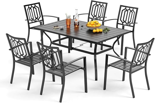PHI VILLA 7 Pcs Patio Dining Set for 6& Rectangular Metal Table | Metal Steel Table with Umbrella Hole & Stackable Chairs, Heavy-Duty Furniture Set for Patio, Deck, Yard, Porch - Black