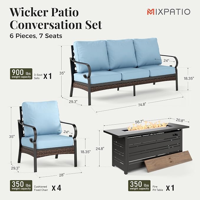 MIXPATIO Patio Furniture Set with Firepit Table, Black Frame Outdoor Conversation Set with 4 x Fixed Chairs, 1 x 3-Seat Sofa for Lawn Garden Backyard, Blue
