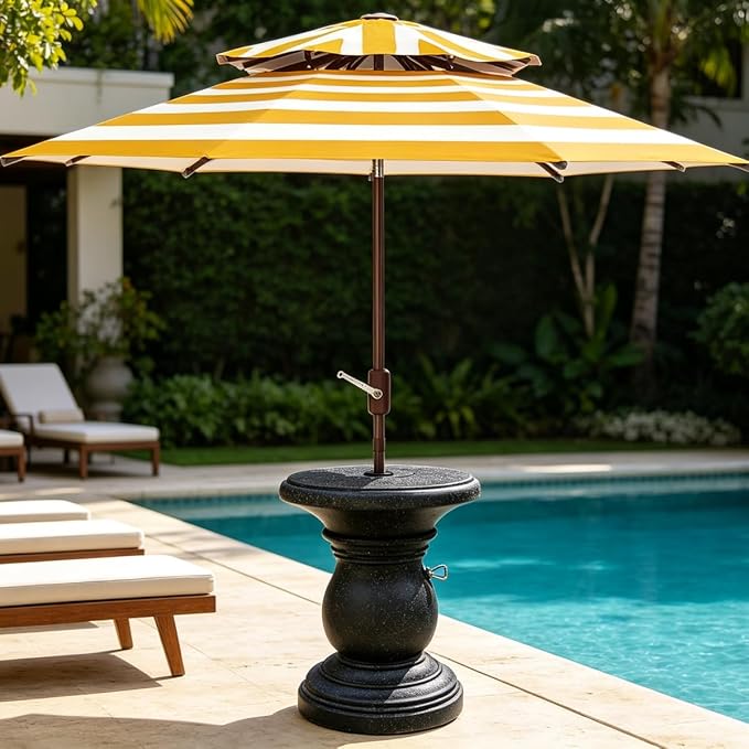 Outdoor Patio Umbrella Side Tables, Heavy Duty Table with Umbrella Hole for Porch, Umbrella Stand Base with Hand-Turn Tightening Knob, Garden Coffee Table, Black