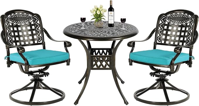 MEETWARM 3-Piece Outdoor Patio Dining Set, All-Weather Cast Aluminum Patio Conversation Set with 2 Cushions Swivel Rocker Chairs and 31" Round Table for Backyard Garden Deck, Umbrella Hole, Ocean Blue