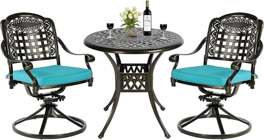 MEETWARM 3-Piece Outdoor Patio Dining Set, All-Weather Cast Aluminum Patio Conversation Set with 2 Cushions Swivel Rocker Chairs and 31" Round Table for Backyard Garden Deck, Umbrella Hole, Ocean Blue