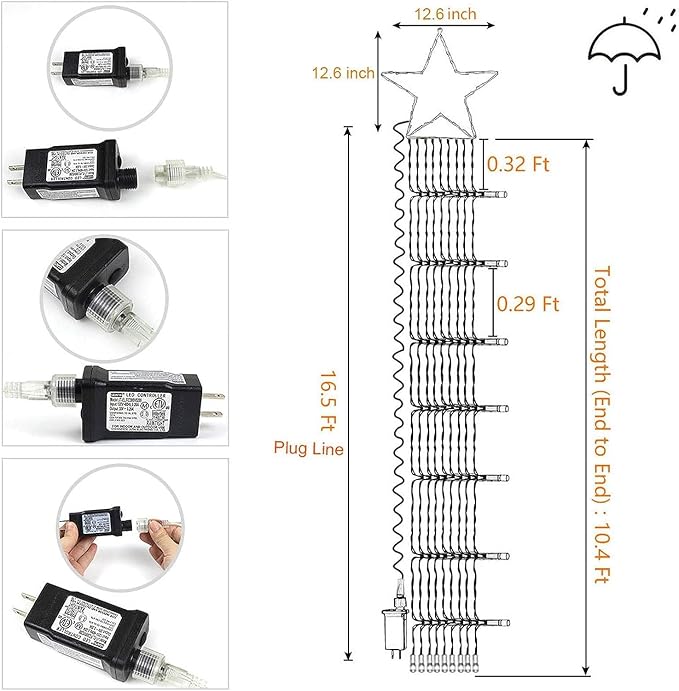 Christmas Decorations, Outdoor Christmas Lights, 320 LED Outdoor Christmas Tree String Lights with 12" Star Toppers [8 Modes& Waterproof] for Xmas New Year Holiday Decor (Cool White)