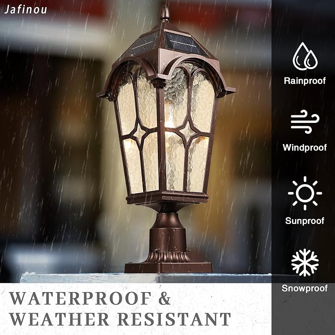 22 Inch Large Solar Post Light Outdoor, Dusk to Dawn Pier Mount Lamp, Oil Rubbed Bronze (ORB) Aluminum with Seeded Water Ripple Glass, Waterproof Solar Pole Light Fixture for Yard Garden Pillar Patio