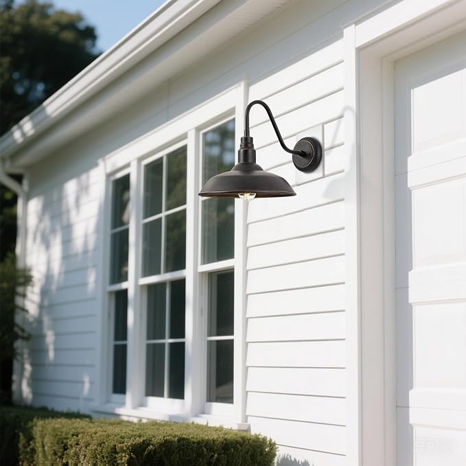 Gooseneck Outdoor Light Fixture, 10" Dome Exterior Farmhouse Lights for Barn, Bronze Porch Lighting, Gooseneck Wall Sconce for Patio Garage House