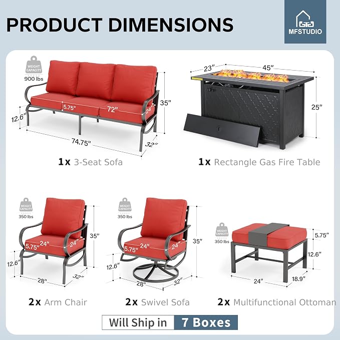 MFSTUDIO 8 Pieces Patio Furniture Sets with 45" Gas Fire Pit Table(Up to 9 Seat),Outdoor Metal Conversation Sofas with 1 x 3-Seat Sofa, 2 Single Chairs,2 Swivel Chairs and 2 Ottoman,Red Cushion