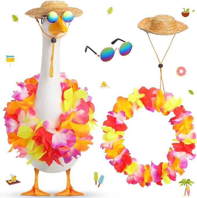 Shyyween Summer Porch Goose Outfits for Plastic Goose 23/17'' Hawaiian Lawn Patio Statue Clothes Straw Hat and Hawaiian Lei Costume(Tropical Red)