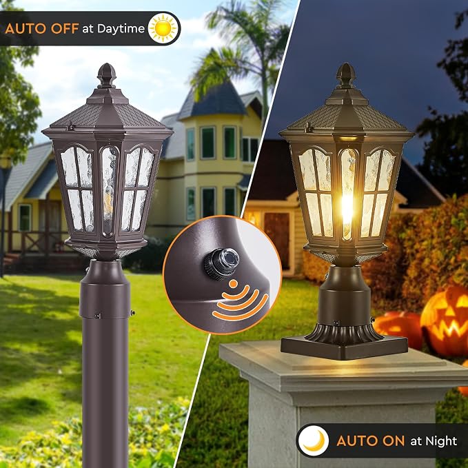 Dusk to Dawn Outdoor Post Lights with Pier Mount Base, Aluminum Exterior Pillar Light Fixture with Water Ripple Glass, Oil Rubbed Bronze Pole Light for Garden, Patio, Pathway