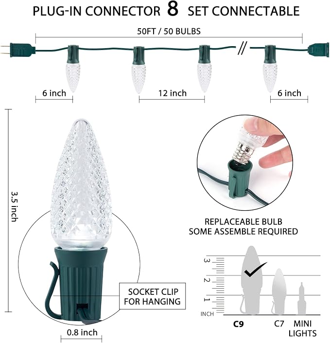 C9 Christmas String Lights Outdoor 50 Feet Led Christmas Lights, 50+2(Spare) Strawberry Bulbs Connectable UL Certified for Indoor Outdoor Roofline Patio Holiday Party Backyard Xmas Decor Pure White