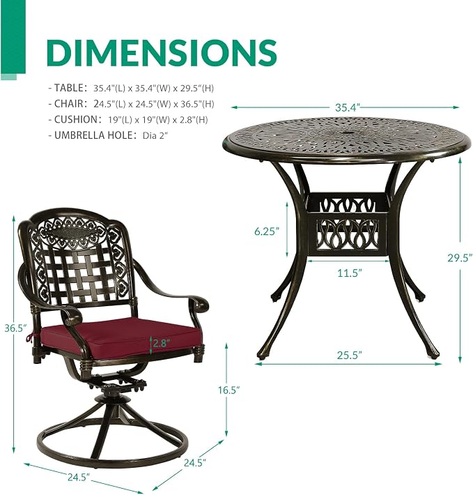 VIVIJASON 5-Piece Outdoor Patio Dining Set, All-Weather Cast Aluminum Conversation Set, Patio Furniture Set for Balcony, Include 4 Swivel Cushioned Chairs, 1 Round Table w/Umbrella Hole, Red Cushion