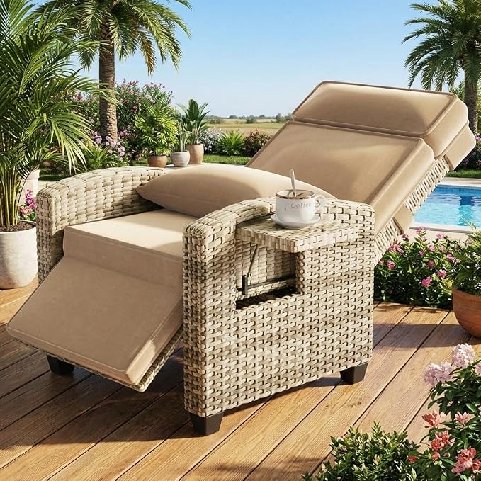 Outdoor Wicker Gas Lift Chair with Cushion, 145° Adjustable PE Rattan Patio with Metal Frame, Height Adjustable Lounge Chair for Garden, Patio, Balcony & Backyard,Brown Wicker ,Khaki Cushion