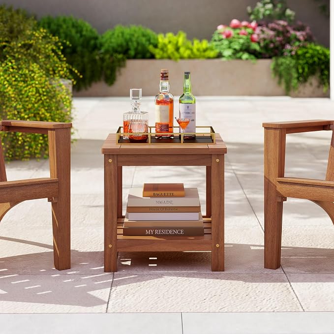 2-Tier Adirondack Side Table, Square Wood Patio End Table with Slatted Tabletop Storage Shelf, Accent Small Side Table Indoor Outdoor for Garden, Backyard, Porch & Living Room