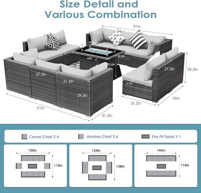 BULEXYARD 11 Piece High Back Outdoor Patio Set with Firepit, Extra Large Backyard Furniture Sectional Couch 10-Seater Modular, XL Big Wide Deep Outside Seating Area for Exterior, Light Grey
