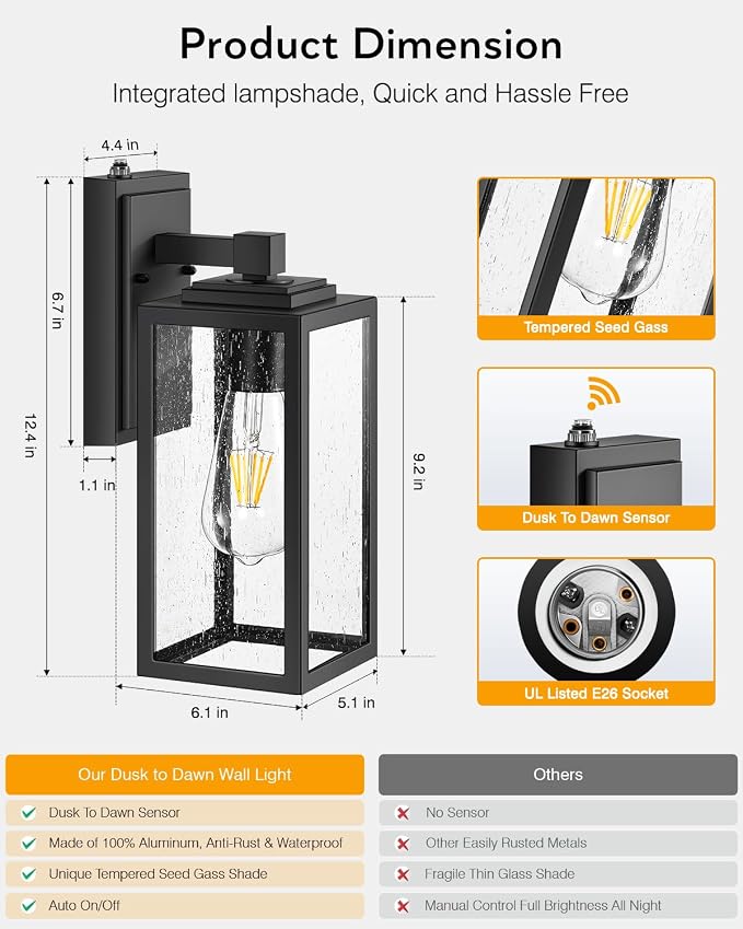 VIANIS Dusk to Dawn Outdoor Porch Lights Wall Mount, Modern Black Exterior Lighting Fixtures for House, Anti-Rust Aluminium Waterproof Outdoor Wall Sconce Lantern for Garage with Tempered Seeded Glass