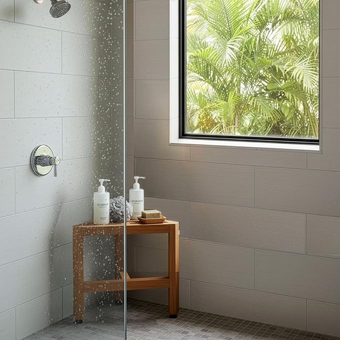 Asta Biro Solid Teak Shower/Bath/Spa Corner Foot Stool, Bath Corner Side Table, Fully Assembled, SpaTeak Collection, TB-008
