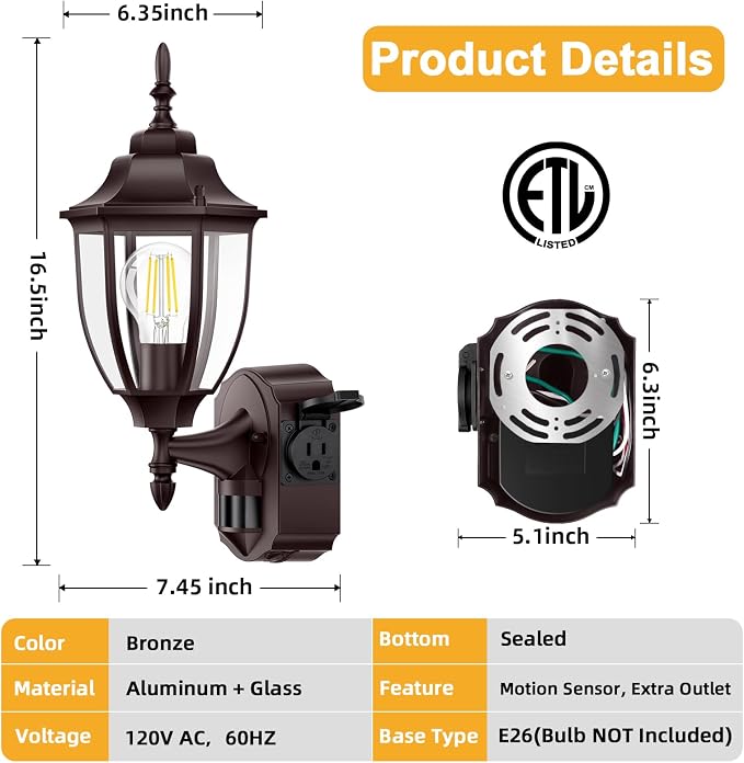 Porch Lights with Outlet, Bronze Motion Sensor Outdoor Lights, Updated Dusk to Dawn Exterior Lighting Fixtures, Waterproof Anti-Rust Aluminum Outside Light for House Entryway Garage