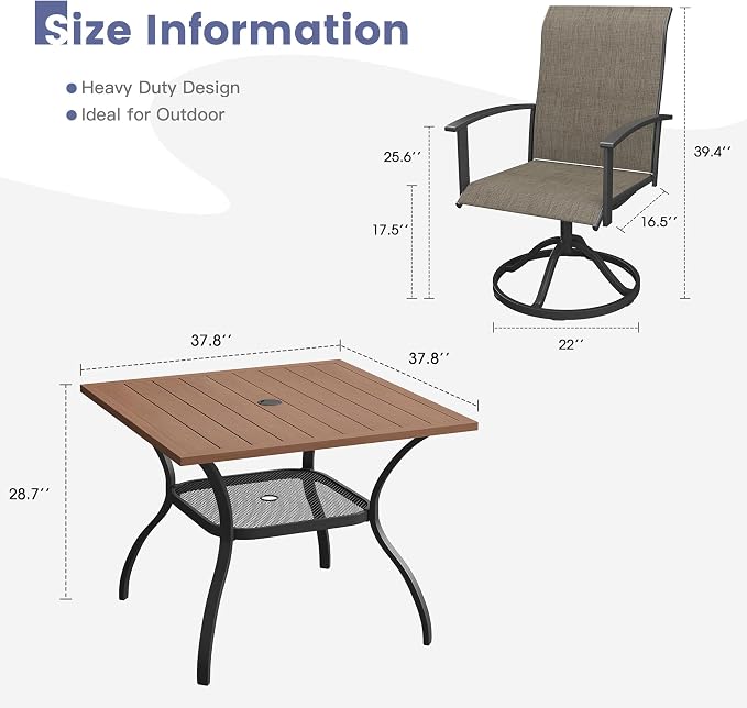 VICLLAX Outdoor Table and Chairs Set for 4, Patio Dining Set of 37.8" Metal Square Patio Table with Umbrella Hole & 4 Swivel Outdoor Dining Chairs for Backyard Lawn, Mixed Brown & Walnut