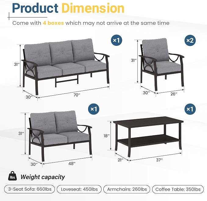 Wisteria Lane 5-Piece Outdoor Patio Furniture Set, Outdoor Metal Sectional Furniture with Cushions, Outdoor Conversation Seating Set with Coffee Table for Balcony, Garden, Deck, Backyard, Grey