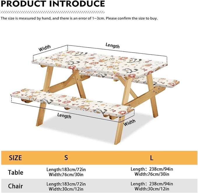 Cute Cat Table Cover with Bench Covers Washable Rectangle Table Cover Outdoor Patio Camping Essentials Picnic Table and Chair Decorative Cover Suitable for Family Gatherings Vacations