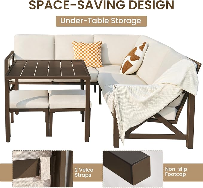 NATURAL EXPRESSIONS 8 Pieces Patio Furniture Sets,Metal Outdoor Sectional Couch L Shape Conversation Set,Highback Patio Sofa with Dining Table,2 Ottomans,Large Waterproof Cover,6.5" Cushion for Yard