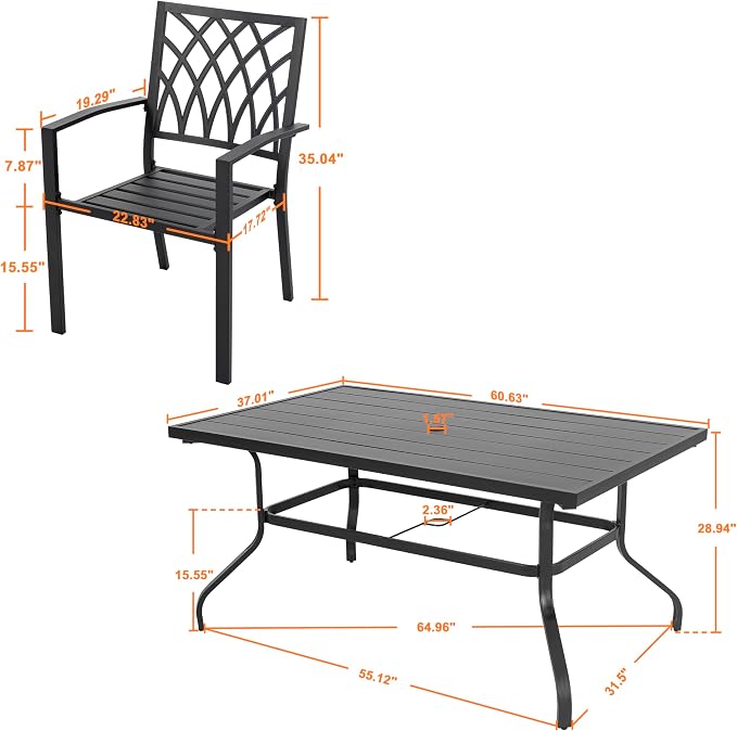 NUU GARDEN 7 Piece Outdoor Dining Set, 61” Rectangular Metal Dining Table with Umbrella Hole, Stackable Dining Chairs for Backyard, Deck, Yard, Garden, Black