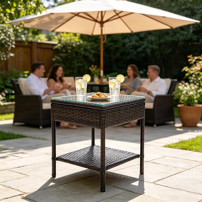 Wicker Rattan Side Table,Outdoor Patio Wicker Table,Modern Patio End Side Table with Glass Countertop and Storage Space,for Garden Balcony Porch