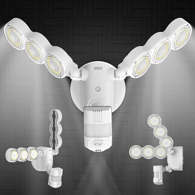 SANSI 45W 6000LM Motion Sensor Outdoor Lights, IP65 5000K (White) | 4 Modes Motion Lights for Outside, 320° Wide Angle LED Flood Lights Security Lights for Soffit, Backyard, Garage, Yard, Porch