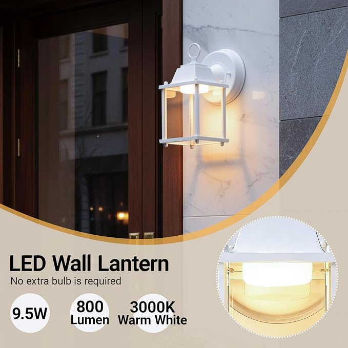 Outdoor Wall Light Fixture, Rustproof Aluminum, Clear Glass, LED | Exterior Porch Light Wall Sconce Lantern for House, Patio, Garage, Waterproof Anti-rust, 9.5W 800 Lumen, 3000K, White, 1 Pack
