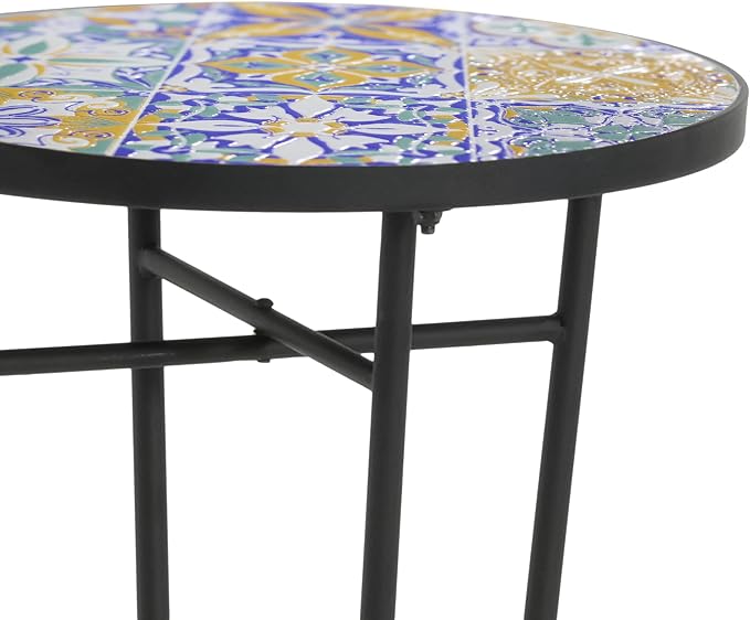 Christopher Knight Home Glady Outdoor Round Side Table, Patio Bistro Table with Ceramic Top and Metal Frame, Small Decorative Accent Table for Patio Garden Porch Balcony, Geometric