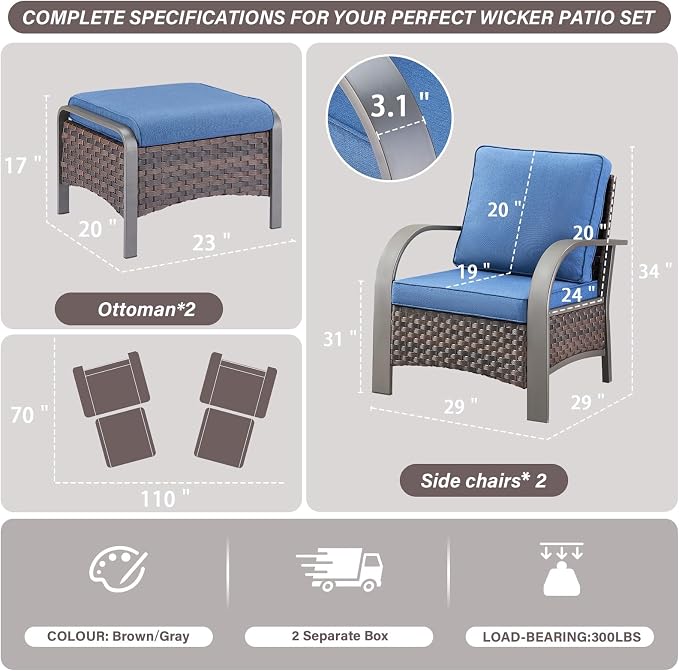 Belord 4 Pieces Wicker Patio Furniture Set Outdoor Patio Chairs with Ottomans All Weather Rattan Outdoor High Back Deep Seating Furniture for Porch Deck Sunroom Backyard