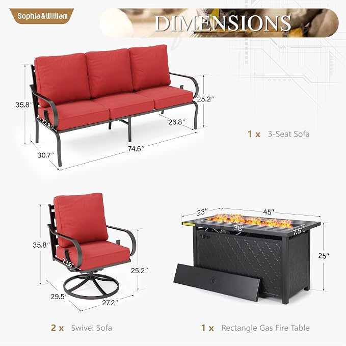 Sophia & William Patio Conversation Set for 5, 3-Seater Sofa, 2 Swivel Chairs and a 45" Fire Pit Table, Metal Outdoor Furniture with 5.75" Extra Thick Cushions, Red