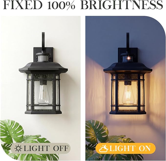 Emliviar 17.3" Motion Sensor Outside Wall Mounted Light, Large Exterior Front Door Lighting Fixtures for House, Outdoor Wall Lantern with Seeded Glass, Black Finish, 2084B-M-SE BK