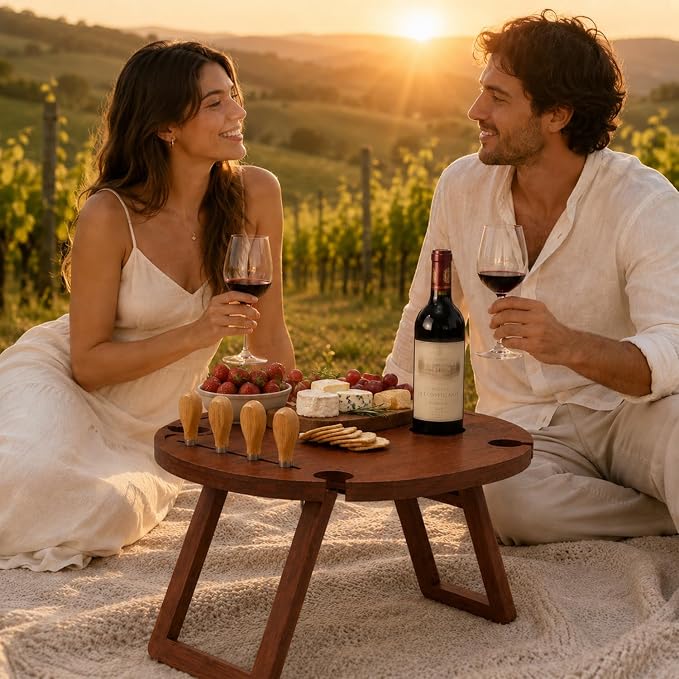 Portable Wine Picnic Table with 4 Glass Holders, Foldable Bamboo Outdoor Snack Table with Cheese Knife Set & Storage Bag, Low Picnic Tray for Camping, Grass, Beach, Romantic Date (Brown)