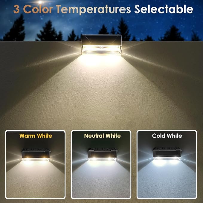 Solar Fence Lights Outdoor - 3000/4000/6000K 3 Mode, IP65 Waterproof Fence Lights Solar Powered, Dusk to Dawn Solar Light for Outside, Backyard/Step/Patio/Deck/Stair Railings and Wall (12 pack)