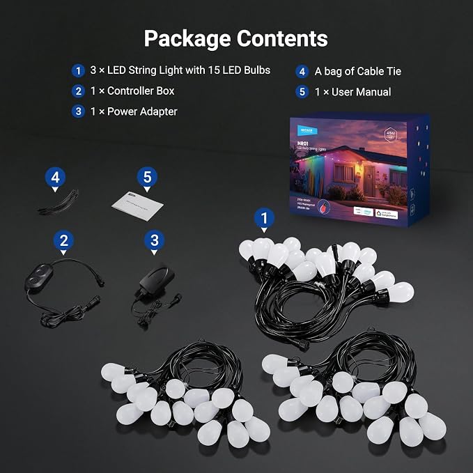 NEEWER 144ft Outdoor String Lights, App Control Smart AI RGB IC W Patio Balcony Backyard Outside Hanging Lighting, IP65 Waterproof, 45 LED Bulbs, 50+ Scenes, Compatible with Alexa Google, NR01