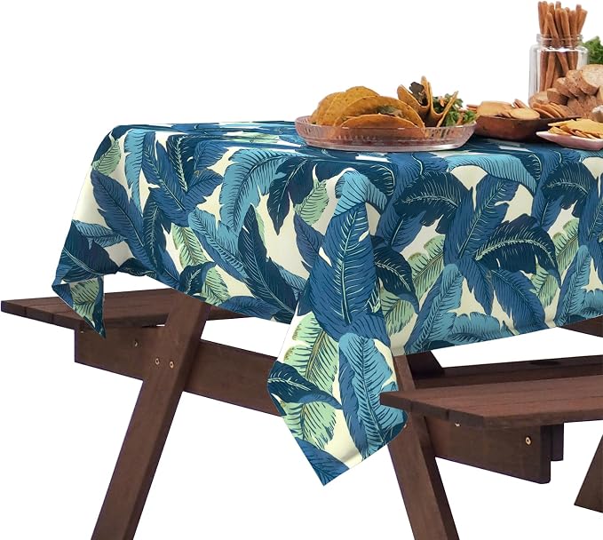 DYTXIII Outdoor Rectangle Tablecloth with Umbrella Hole and Zipper 84" x 60", Water Repellent Floral Picnic Cover, Fade & Wrinkle Resistant Tablecloth for Patio/Garden/Party Table, Palms Blue