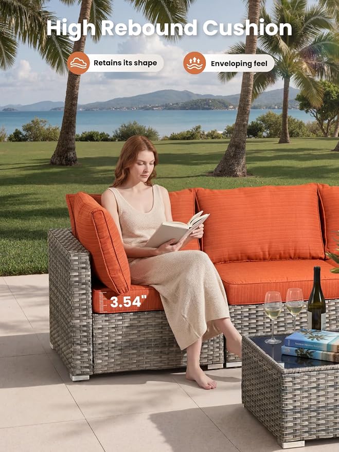 ovios Outdoor 8 Piece Patio Furniture Set with Fire Pit Table,Conversation Sectional Wicker Couch with Coffee Table,Modern Outside Sofa for Balcony Backyard, Orange