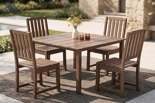 HDPE Outdoor Dining Set for 4, Square Table & Chairs Set | • All-Weather Polywood Composite • 410 lbs Heavy-Duty Support • Built-In 2" Umbrella Hole • Easy Soap-Water Wash