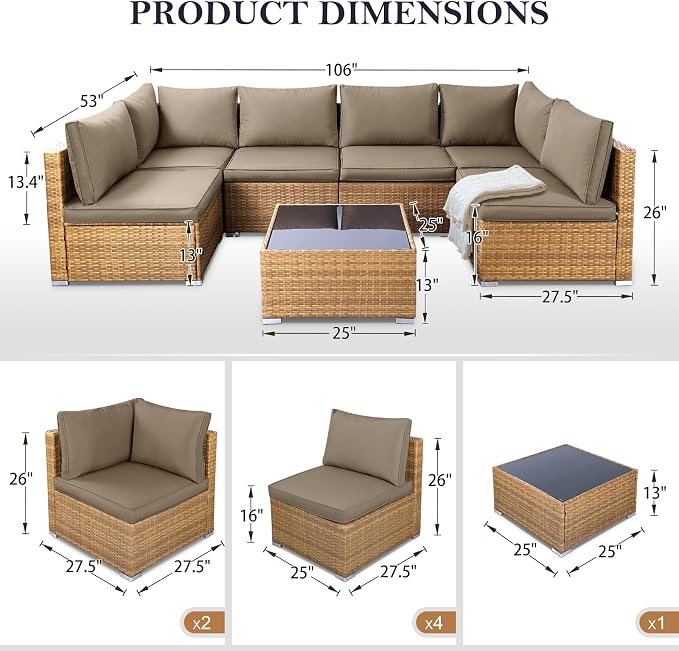 NOBLEMOOD 7 Pieces Patio Furniture Set, All Weather Outdoor Rattan Conversation Sectional Sofa Set with Cushion, Coffee Table for Porch Deck Garden