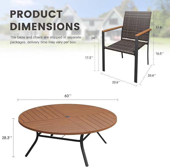 Round Patio Dining Set for 10, Outdoor Furniture Set of 63 Round Metal Table with Umbrella Hole and Stackable Wicker Patio Chairs for Backyard Lawn Garden, Walnut Chairs, Walnut Table