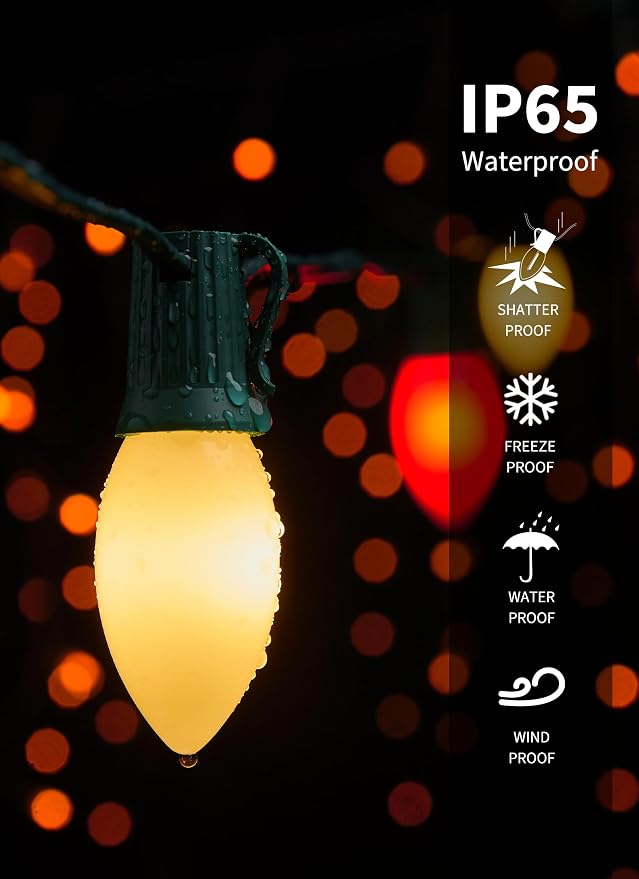 C9 Christmas Lights Outdoor, 100Ft 50 LED Red & Warm White String Lights | Waterproof Shatterproof Connectable Christmas Tree Lights for House Outside Roofline Patio Yard Home Xmas Decorations