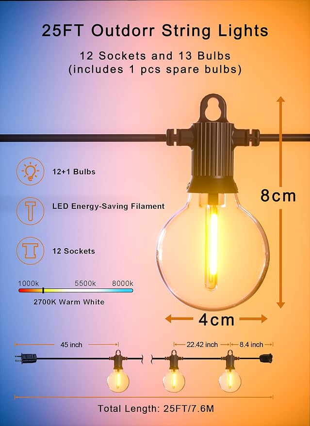 Zuske Outdoor String Lights, 25FT Patio Lights with 13 Shatterproof G40 Globe Bulb(1 Spare), Waterproof Connectable Dimmable LED Hanging Lights for Outside Backyard Porch Balcony Gazebo, 2700K