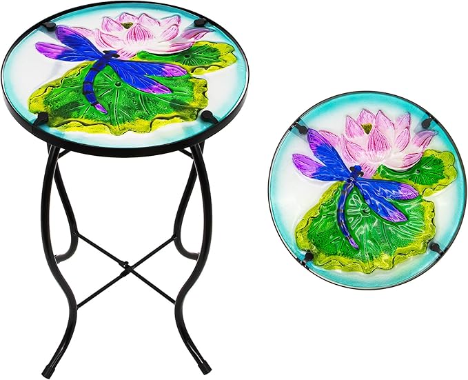 Lotus-Leaf Dragonfly Patio Table, Outdoor Side Table, Metal Glass End Table | WEIBEFEE; 10 Inch; for Porch Garden Yard Pool Living Room; Fade-resistant; Great gift choice; Decoration Gift