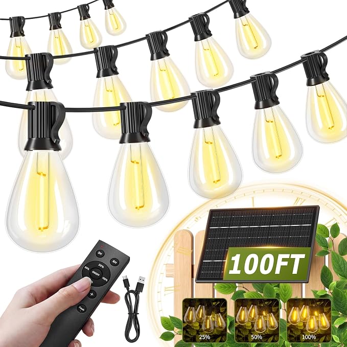 100FT Solar String Lights Outdoor Waterproof, 35+1 LED Shatterproof Bulbs Solar Powered with Remote & USB Port, 3 Light Modes Dimmable Patio Lights for Backyard, Garden, Camping