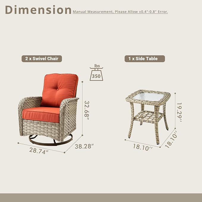 Swivel Patio Chairs Set of 2, Outdoor Wicker Rocker Glider Chair with Coffee Table, Modern Comfy Patio Furniture Sets for Porch Balcony Sunroom, Orange