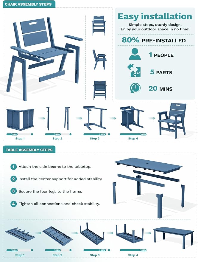 SERWALL 76" HDPE Outdoor Dining Set, 10 Pieces Patio Furniture with Rectangular Table, 8 Chairs & 1 Umbrella (Base Not Included), All-Weather Outdoor Dining Set for Backyard Deck Balcony, Blue