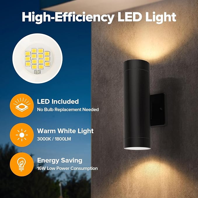 LUTEC Dusk to Dawn Outdoor Wall Lights, 16W Integrated LED Cylinder Up-Down Sconce, 3000K Waterproof Aluminum Exterior Lighting, Matte Black Modern Porch and Entryway Wall Light Fixture, 2 Pack